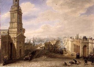 Old London Bridge med byggingen av den nye broen ved siden av