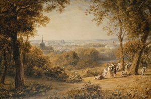 En utsikt over Versailles med elegante figurer i forgrunnen ved solnedgang,