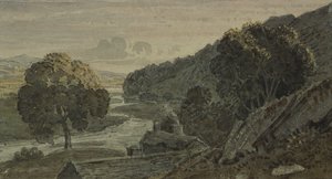 Kveld, landskap, med hytte og elv