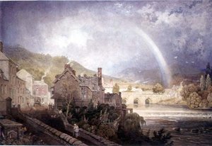 Village and Bridge of Llangollen, North Wales, med regnbueeffekt