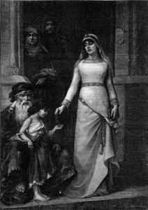 Blanche de Castille, dronning av Frankrike (1188 - 1252), med kallenavnet "De fattiges kjærlighet" (1879). Gravering etter maleriet av Georges Moreau de Tours (1848-1901) i "" The Illustrous World"" nr. 1267 av 9. juli av Georges (after) Moreau de Tours