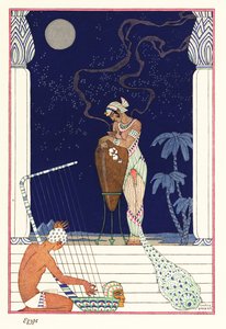 En dronning står og lukter duftbrent, det gamle Egypt1928 (trykk) av Georges Barbier