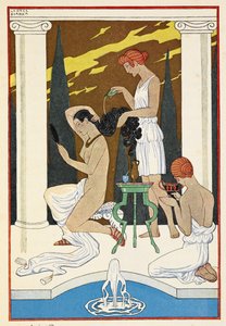 Antikkens Roma. En person som får håret vasket av tjenere. av Georges Barbier