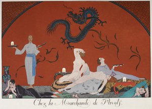 Chez la Marchande de Pasots. Folk, noen nakne, ligger rundt i et rom. kinesisk dekorasjon. av Georges Barbier