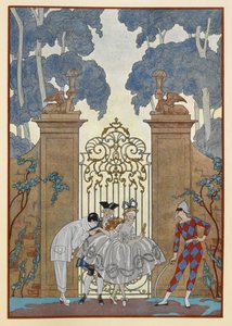 Colombine. Folk som står utenfor en port. En pierrot. av Georges Barbier