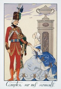 Stol på mine eder (jeg skal være deg trofast), ungarsk husar, litografi av George Barbier (1882-1932), fra Falbalas et Fanfreluches, Almanach des Modes Presentes, Passees et Futures av Georges Barbier