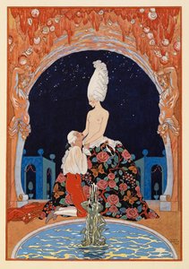 Dans la Grotte. En mann som kneler foran en halvnaken kvinne, ved en fontene. av Georges Barbier