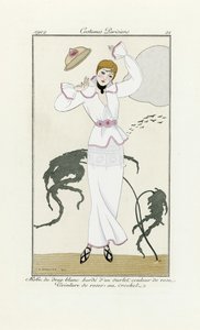 Design for hvit kjole med rosa kant og heklebelte, fra Costumes Parisien, pub.1912 (pochoir-trykk) av Georges Barbier