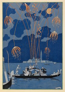 En bateau. Fyrverkeri i Venezia. Folk i en gondol. av Georges Barbier