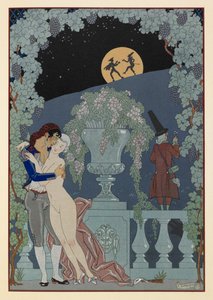 Fantoches. (Marionettes) fra Debussys Fêtes Galantes, Scaramouche og Pulcinelle. Mann som omfavner en naken kvinne. To figurer i silhuett mot månen. av Georges Barbier