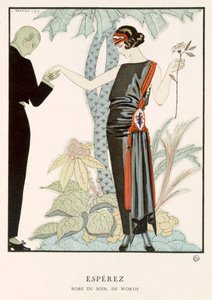 «Gazette du Bon Ton»; Esperez, aftenkjole fra Worth, ca. 1920 (fargelitografi) av Georges Barbier