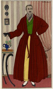 Mann i morgenkåpe. Illustrasjon av George Barbier (1882-1932), hentet fra Journal des dames et des modes. Paris 1912-1914. The British Library Institution, Reference Shelfmark ID: P.P.5242.dc, pl.96, motsatt side 16. Mann i garderobe av Georges Barbier