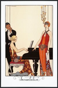 Incantation, pianist og kvinne kledd i aftenkjoler, illustrasjon fra Falbalas et Fanfreluches, Almanac of 1923