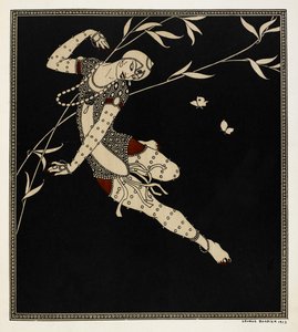 "L'Oiseau de Feu". The Firebird er en ballett fra 1910 laget av komponisten Igor Stravinsky og koreografen Michel Fokine. Balletten er basert på russiske folkeeventyr. En danser med tunge juveler vises av Georges Barbier