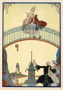 Ã€ La Promenade. En mann og kvinne på en bro. Pierrot, nedenfor. av Georges Barbier