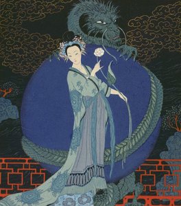 Dame med en drage (farge litho) av Georges Barbier