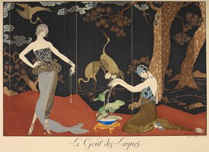 Le gout des laques. Smak av lakk. To kvinner foran en lakkert skjerm. av Georges Barbier