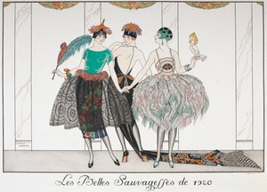 Les Belles Sauvagettes de 1920. Tre kvinner i rekke iført eksotiske kjoler. av Georges Barbier