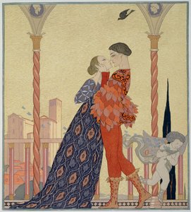 Elskere på en balkong (akvarell på papir) av Georges Barbier