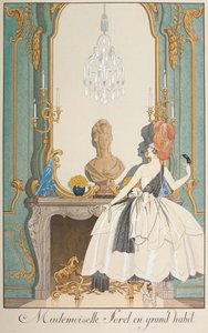 Mademoiselle Sorel i stor vane. En kvinne som står foran en peis. av Georges Barbier