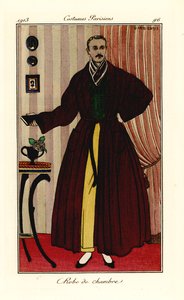 Mann i morgenkåpe over gule bukser og grønn vest. Morgenkåpe. Håndfarget pochoir (stensil) etsning etter en illustrasjon av George Barbier fra Tommaso Antonginis Journal des Dames et des Modes, Aux Bureaux du Journal des Dames, Paris av Georges Barbier