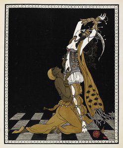 Nijinsky som den gylne slave i Sheherazade, en symfonisk suite komponert av Nikolai Rimsky-Korsakov i 1888. Han kneler foran Sheherazade, begge kledd i drakt i arabisk stil. av Georges Barbier