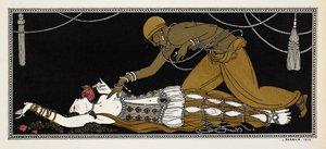 Nijinsky som den gylne slave i Sheherazade, en symfonisk suite komponert av Nikolai Rimsky-Korsakov i 1888. Sheherazade er her på dødsleie, den gyldne slaven lener seg over henne av Georges Barbier