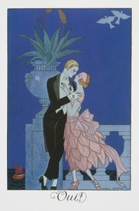 Ja, to unge forlovede i aftenkjole, litografi av George Barbier (1882-1932), fra Falbalas et Fanfreluches, Almanach des Modes Presentes, Passees et Futures
