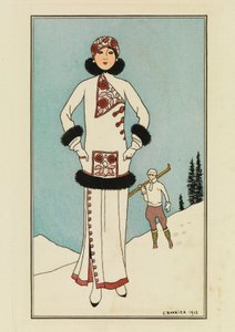 For St. Moritz, tallerken fra 'Costumes Parisiens' av Georges Barbier