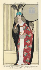 "Hvit crepe de chine-kjole trimmet med rev. Oterfrakk og stinkdyr," av Georges Barbier