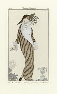 Sable Coat with White Fox Trim, fra Costumes Parisien, pub.1912 (pochoir-trykk) av Georges Barbier