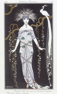 Sølvbrokade aftenkjole og parykk - Illustrasjon av George Barbier (1882-1932). i "" Journal des dames et des modes: Costumes Parisiens"" av Georges Barbier