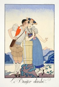 The Stolen Kiss, fra "Falbalas & Fanfreluches, Almanac of Present, Past and Future Modes" av Georges Barbier