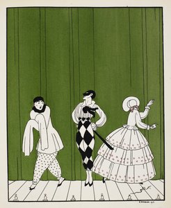 Tre karakterer fra 1910-balletten, Carnaval, komponert av Robert Schumann. Til venstre er en mimekunstner. I midten står en mann, kledd i en hvit skjorte med svart slips og rutete bukser, iført maske. Til høyre er en dame, bakovervendt av Georges Barbier