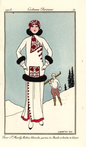 Kvinne i antrekk for St. Moritz i hvit frise med skunkkant og ullbroderi. Hell St. Maritz ratine blanche garnie de skunks et brodee de laine. Håndfarget pochoir (stensil) etsning etter en illustrasjon av George Barbier fra Tommaso Antongini