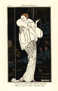 Kvinne i fløyelskappe, damaskkjole og rosa tøfler. av Georges Barbier