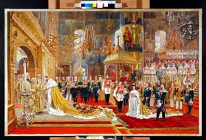Kroningen av tsar Alexander III av Russland (1845-1894) og keiserinne Maria Feodorovna (Dagmar av Danmark) (1847-1928) - Kunstverk av Georges Becker (1845-1909) av Georges Becker