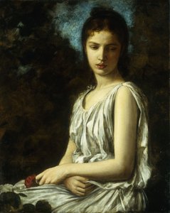En ung kvinne i klassisk kjole, holder en rød rose av Georges Bellanger