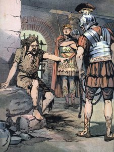 Gallia-krigen: "" Den galliske krigeren Vercingetorix fange i Jules Cesars romerske våpen i fengslene i Tullianum, 46 f.Kr." (Galliske kriger: Vercingetorix-fange i Mamertine-fengselet i Roma etter hans nederlag mot Julius Cæsar, 46 f.Kr.) I av Georges Conrad