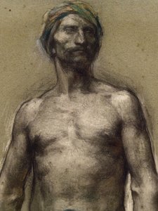 Studie av naken mann ved turbanen (detalj) (ca. 1888). George Desvallieres (1861-1950). Pastell på papirstang laminerer på papppapir. Musee des Beaux-Arts de la Ville de Paris, PeuPalais.
