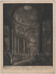En utsikt over innsiden av St. Stephens Walbrook, utført fra tegningen i hans Majestets ..., ca. 1767. av Georges François Blondel