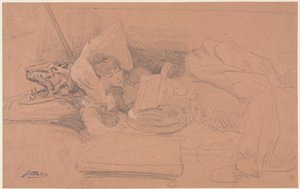 Sarah Bernhardt lener seg på en divan, leser av Georges Jules Victor Clairin