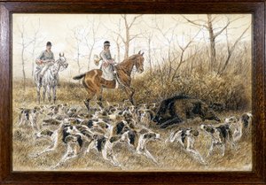 Hundeflokk rundt et villsvin på jakt - tegning av Georges La Roque, rundt 1900 av Georges La Roque