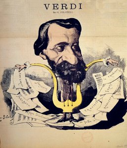 Tegneserie av komponisten Giuseppe Verdi (1813-1901) av Pilotell (1845-1918) mars 1869. National Conservatory of Music, Paris