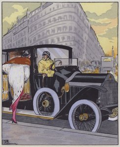 Damemote fra 1910-tallet og en Lorraine-Dietrich-bil. (farge litho)
