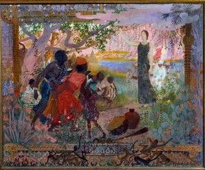 Akademisk kunst eller brannmann: "The conquete of Africa"" Allegori om kolonialisme som representerer en ung hvit kvinne som høytidelig avanserer mot skremte afrikanske familier. Maleri av Georges Antoine Rochegrosse (1859-1938) 1900 Paris, Musee du Luxemb av Georges Marie Rochegrosse