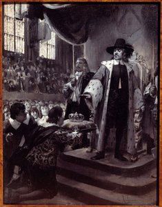 Olivier Cromwell (1599-1658) nektet kronen Lord Protector of the Republic of Great Britain ble foreslått kronen av Humble Petition og Avis (New Parliament) i 1658. Grisaille på tre av Georges Antoine Rochegrosse (1859-1938) 1800-tallet . av Georges Marie Rochegrosse