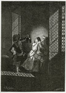 Elskerne Ethel og Ordener blir fanget av løytnant d'Alpheld - illustrasjon fra Han d'Islande, 1800-tallet (bw gravering) av Georges Marie Rochegrosse
