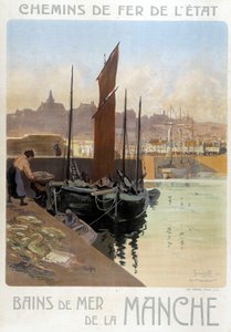 Les bains de mer de la Manche (Utsikt over havnen i Granville) - Plakat av statsjernbanene, av Meunier av Georges Meunier