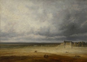 Landskap med en pløyd mark og en landsby, sannsynligvis etter 1827.